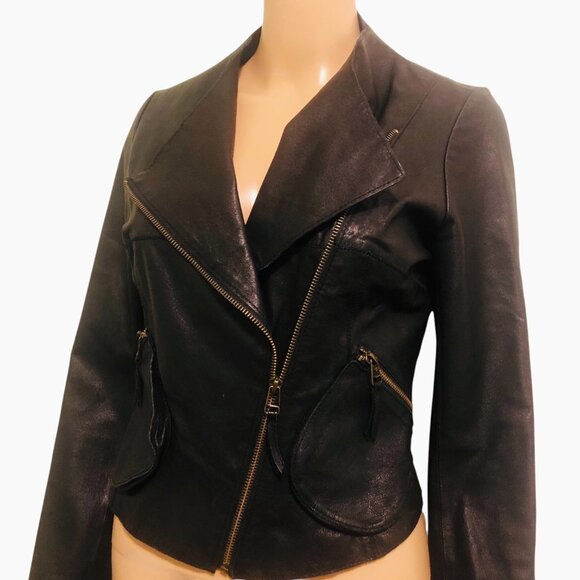 ANTHROPOLOGIE UK ELEVENSES Asymmetrical Zipper Black Leather Moto Jacket Sz S - Picture 4 of 9